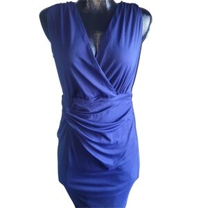 Grace Karin Blue Sleeveless Faux Wrap Midi Sheath Dress M